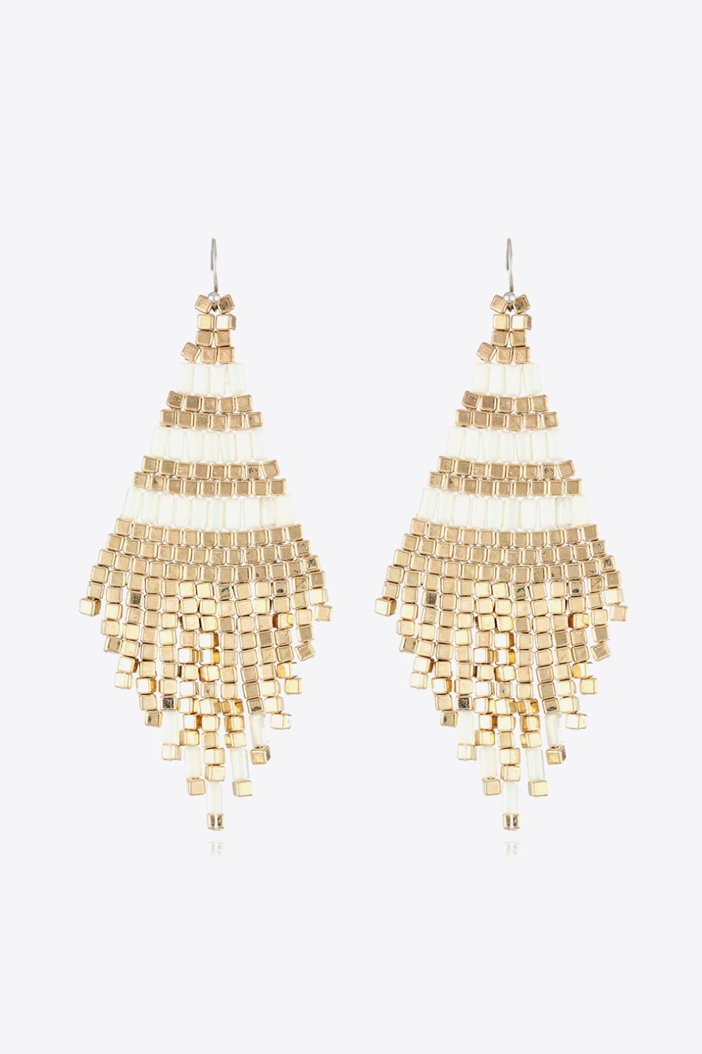 Geometric beaded fringe earrings with gold and white beads.