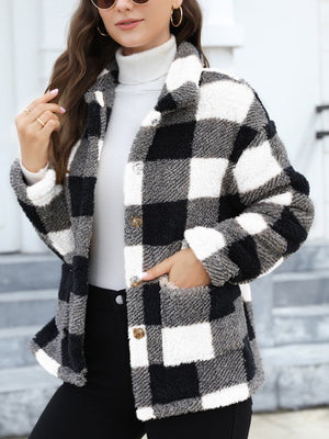 Plaid sherpa overshirt jacket in black and white buffalo check with button front and pockets.