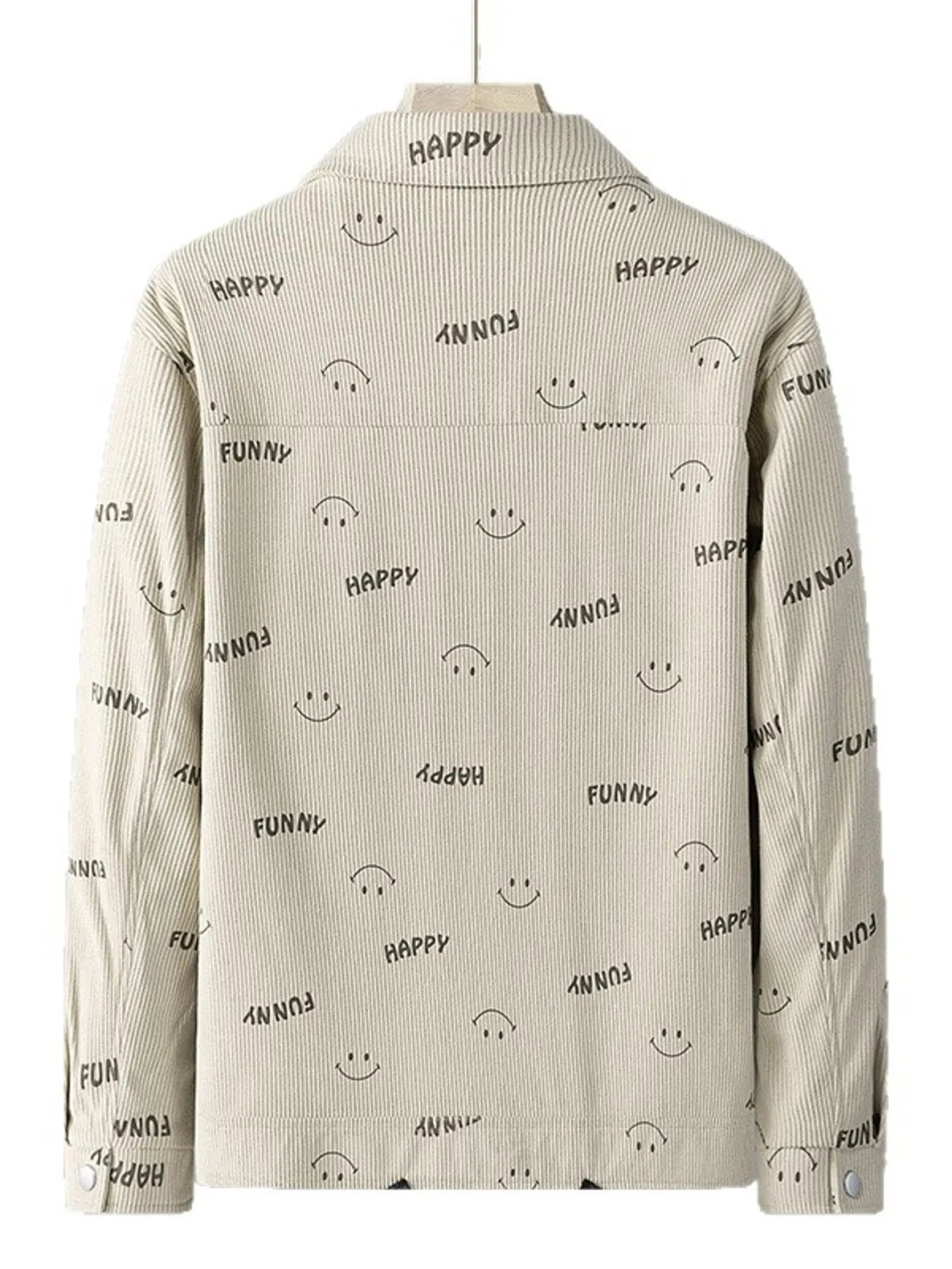 Light Khaki corduroy jacket with all-over smiley face and "Happy Funny" print.
