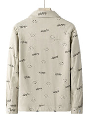 Light Khaki corduroy jacket with all-over smiley face and "Happy Funny" print.