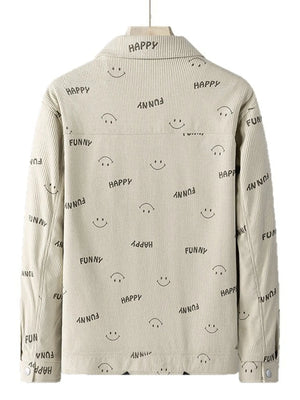 Light Khaki corduroy jacket with all-over smiley face and "Happy Funny" print.