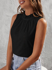 Black eyelet tank top with ruffled mock neck and sleeveless cut