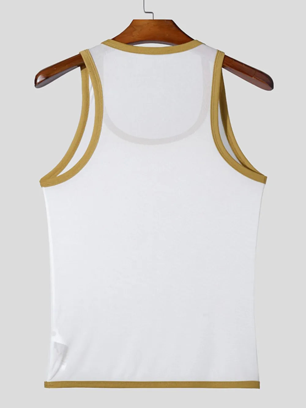 White mesh tank top with contrast trim neckline and hem