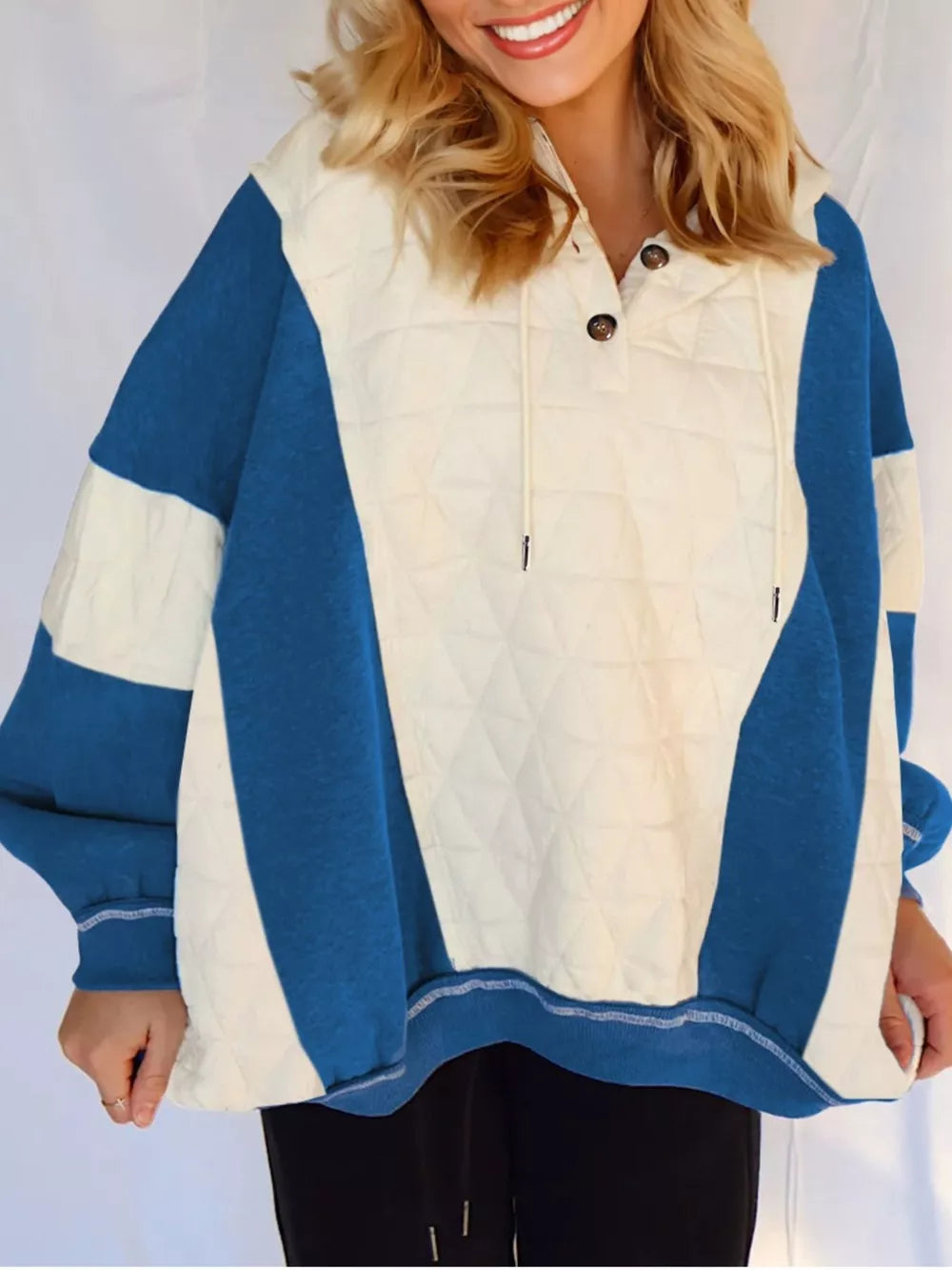 Quilted Fleece Color Block Oversize Hoodie in Ivory, front view