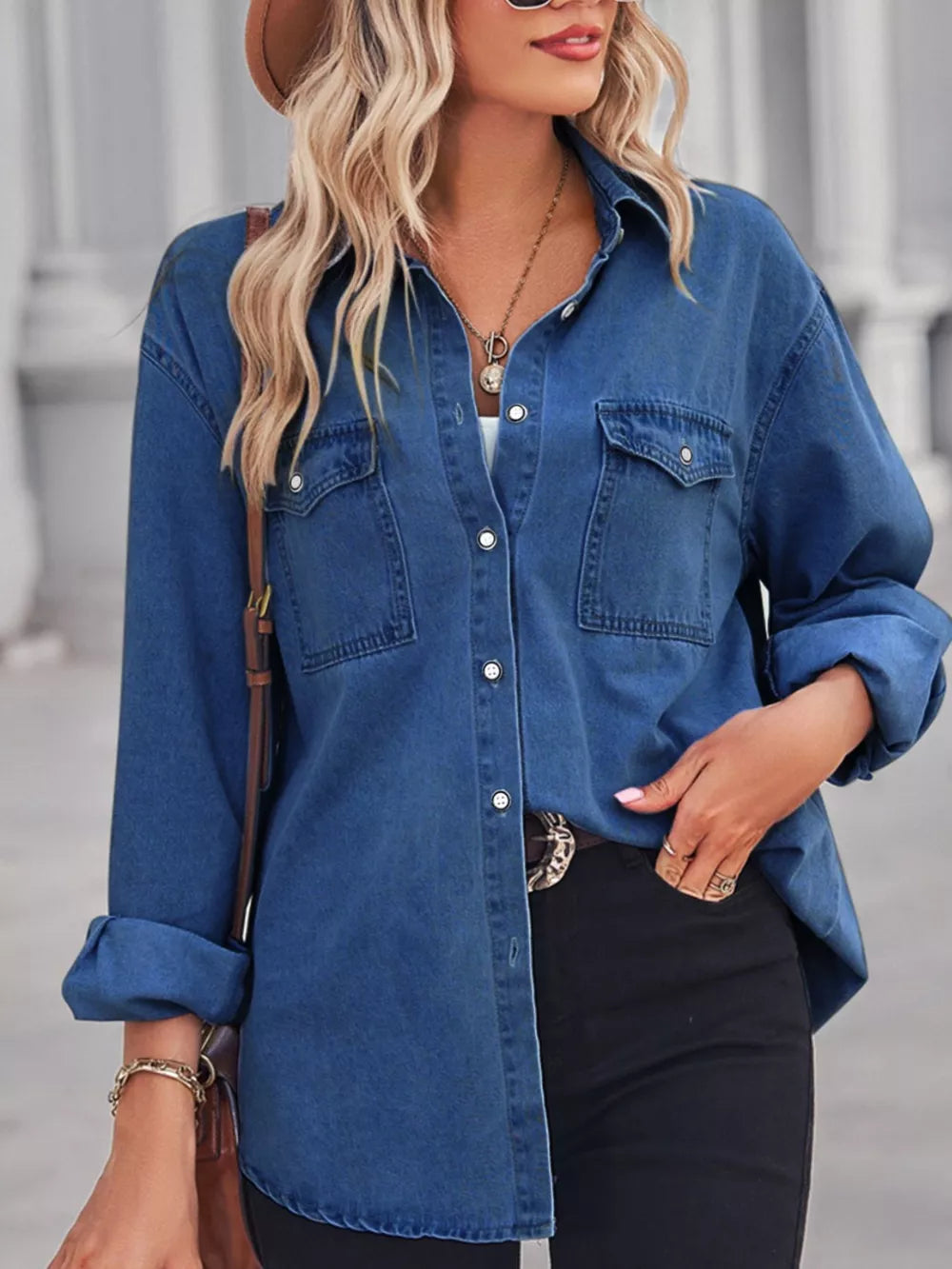 Light blue washed denim maternity overshirt with snap pockets and classic collar.