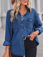 Light blue washed denim maternity overshirt with snap pockets and classic collar.