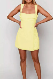 Yellow ruched mini dress with square neckline and tie detail