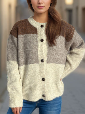 Colorblock crewneck button-down acrylic cardigan with brown, gray, and beige stripes.