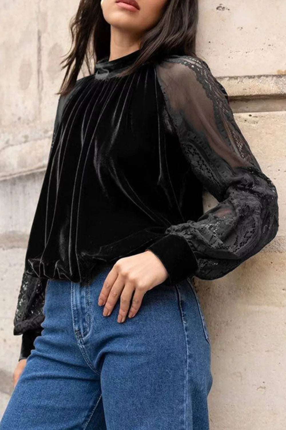 Solid Sheer Lace Velvet Blouse, close-up detail