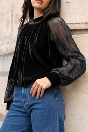 Solid Sheer Lace Velvet Blouse, close-up detail