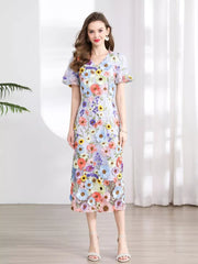 Embroidered Floral Puff Sleeve Midi Dress