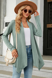 Light Green textured knit cardigan with asymmetrical hem and open front.