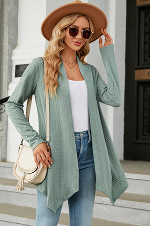 Light Green textured knit cardigan with asymmetrical hem and open front.
