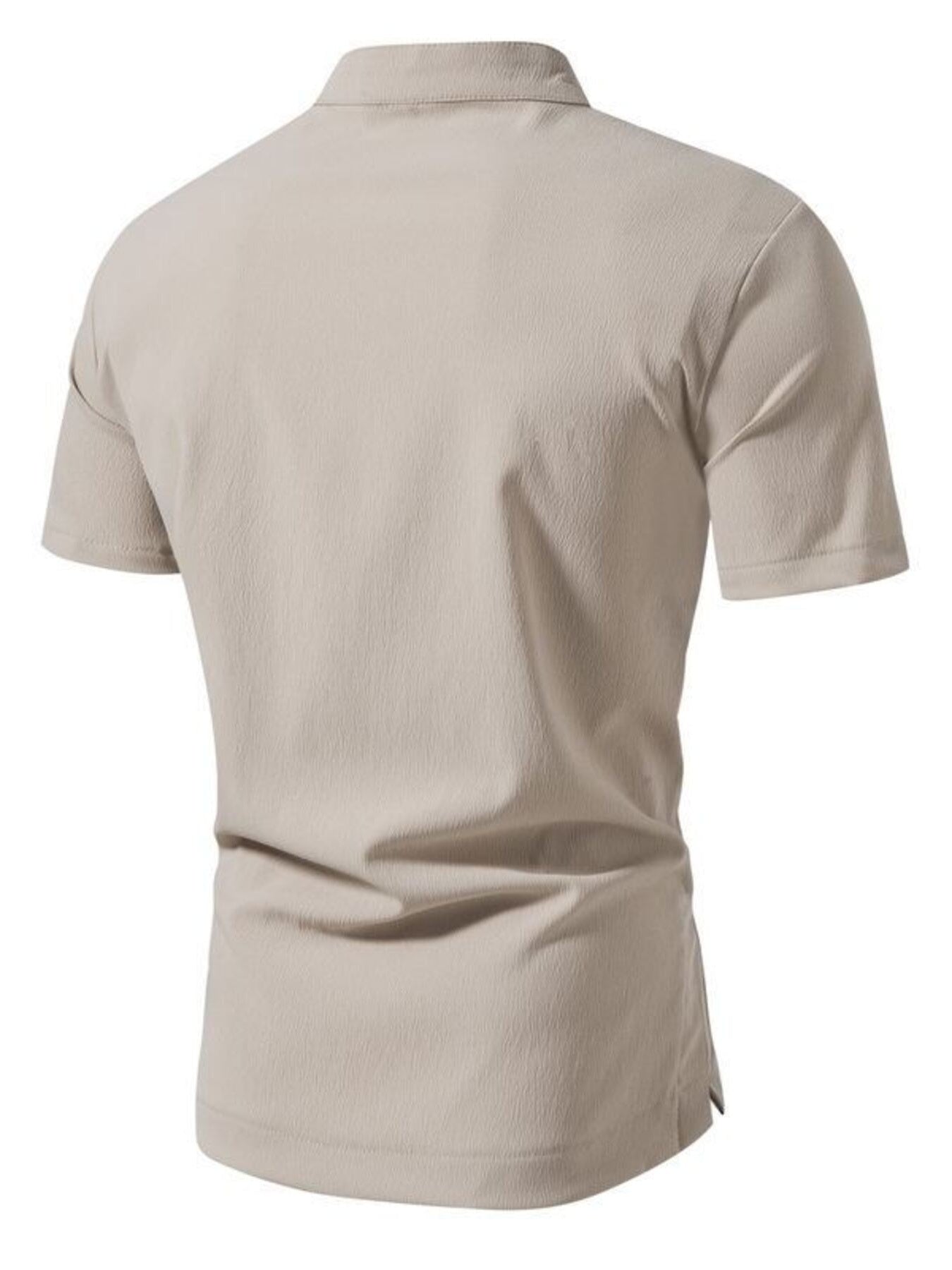 Men's Khaki Cotton Band Collar Short Sleeve Shirt with Button Detail