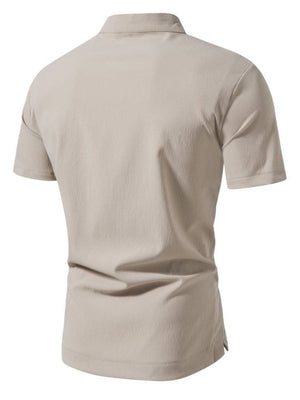 Men's Khaki Cotton Band Collar Short Sleeve Shirt with Button Detail