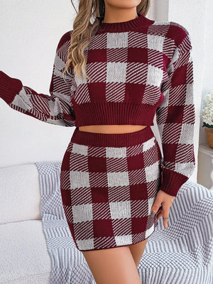 Burgundy checkered knit cropped sweater and mini skirt set with long sleeves.