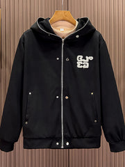 Men's black zippered long-sleeve hoodie with graphic detail and buttoned pockets