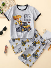 Kids grey cotton crew neck tee and shorts set with bulldozer print and "Let's Build" text.