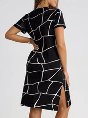 Full Size Geometric Print Midi Dress With Side Slit in Beige, close-up detail