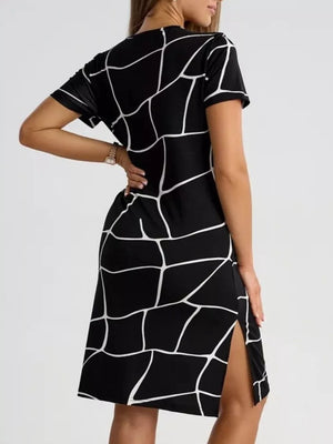 Full Size Geometric Print Midi Dress With Side Slit in Beige, close-up detail