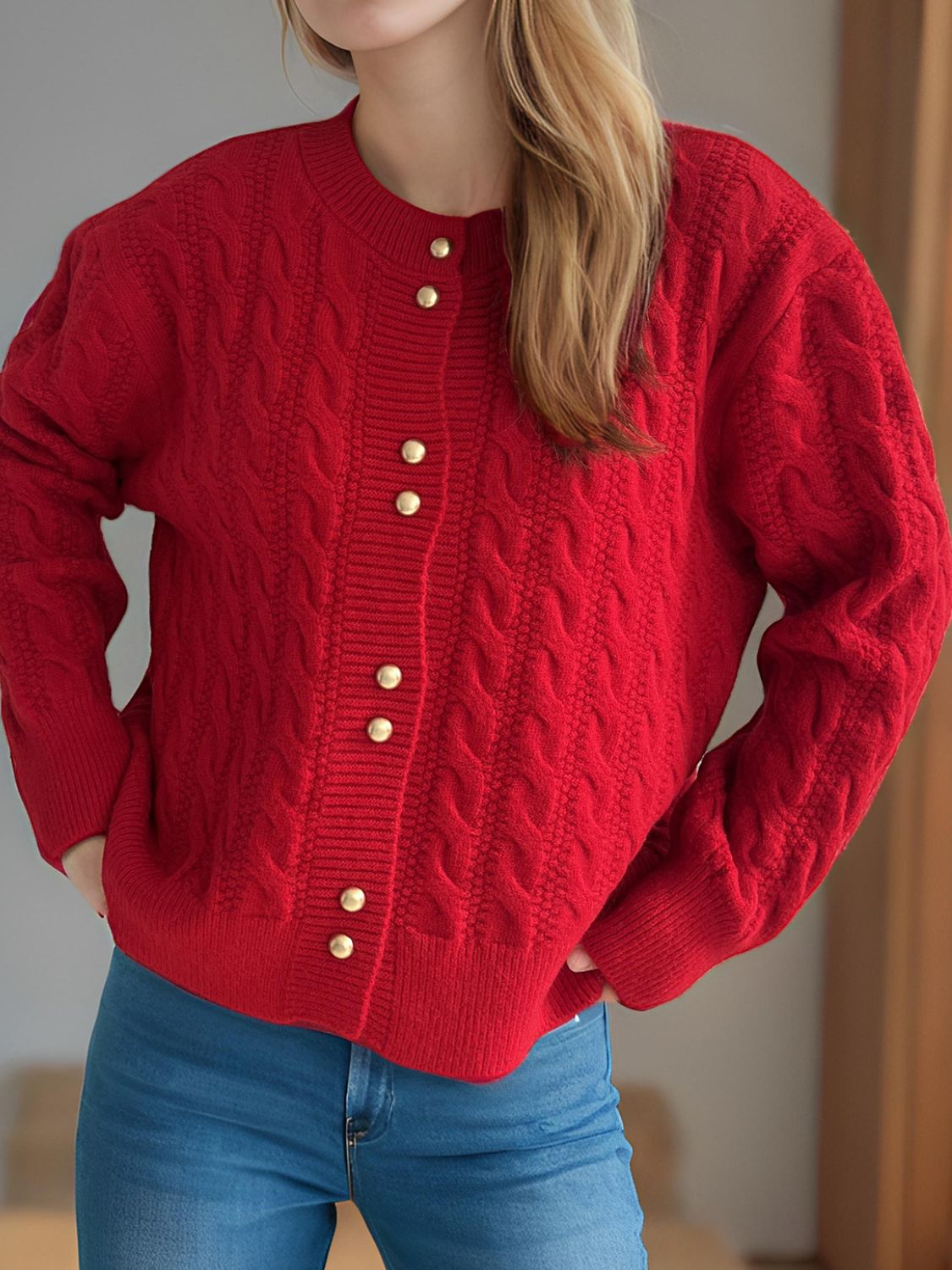 Deep Red cable knit cardigan with puff sleeves and gold buttons
