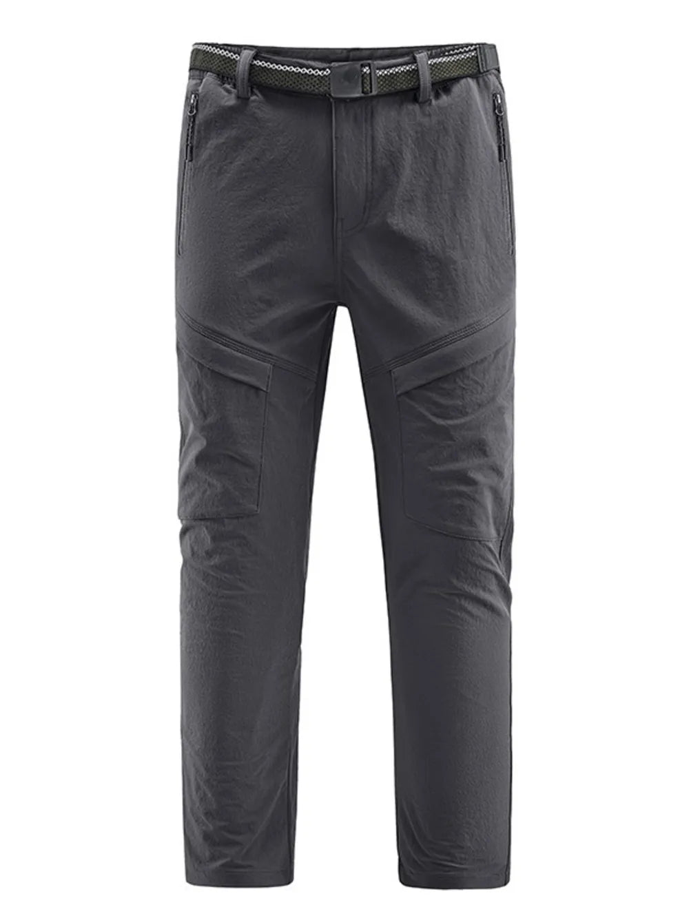 Men's grey quick-dry sweatpants with zippered pockets and cargo pockets.