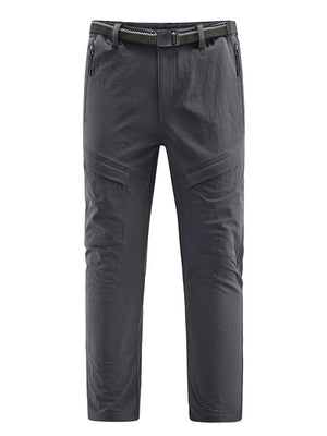 Men's grey quick-dry sweatpants with zippered pockets and cargo pockets.