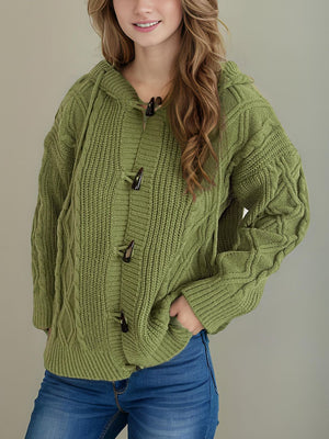 Moss green cable knit hoodie with toggle buttons and a hood.