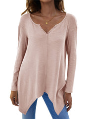 Watermelon pink ribbed knit tunic with asymmetric hem and v-neck.