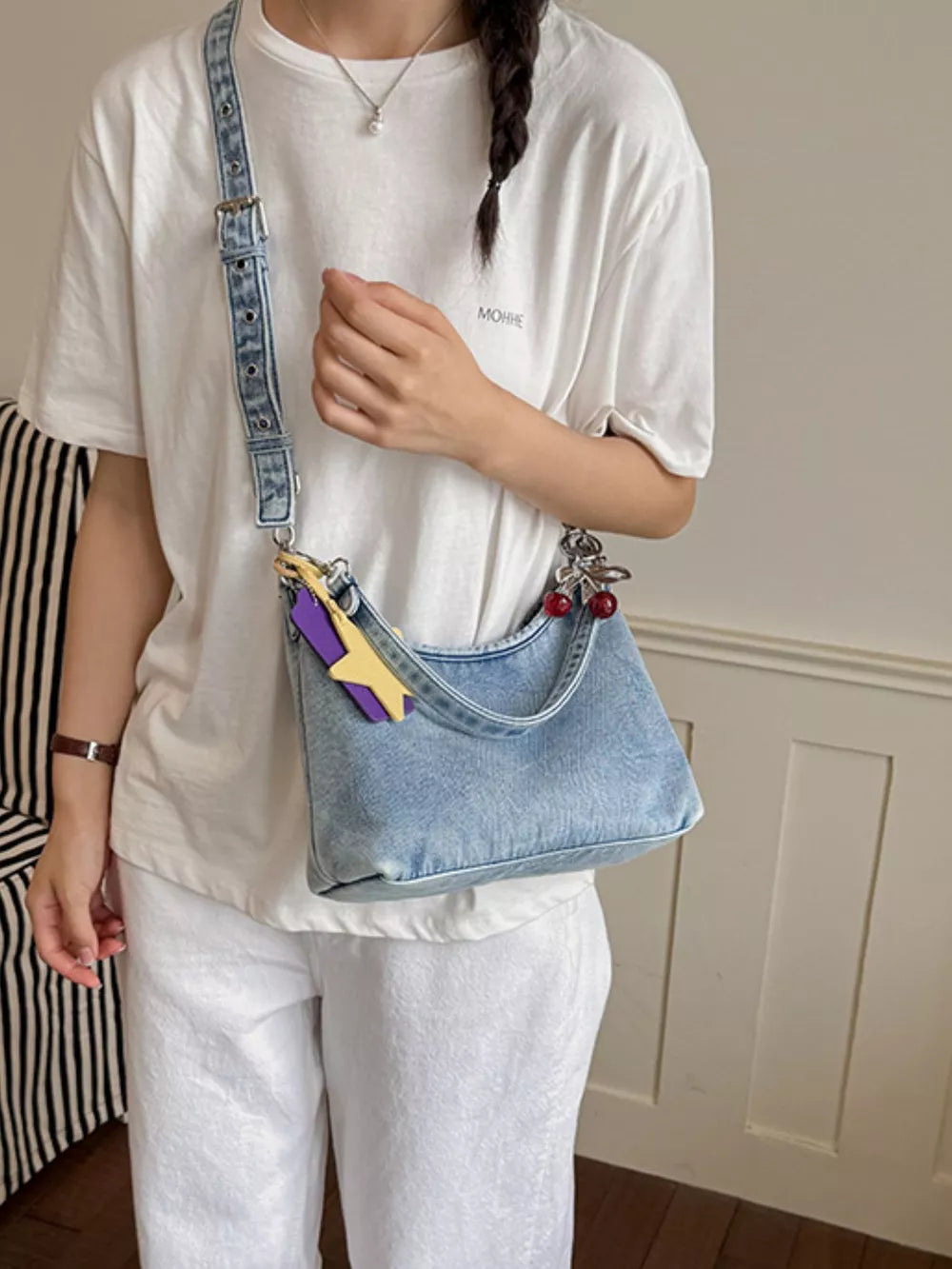 Star Charm Denim Shoulder Bag in Medium, fabric detail
