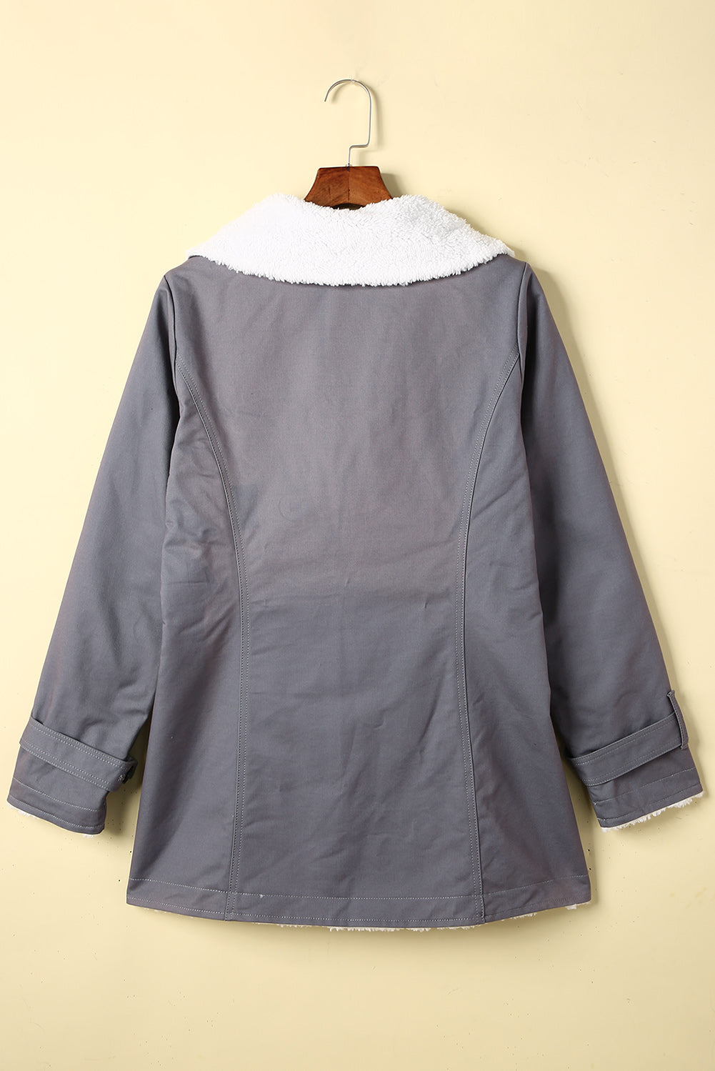 Dark gray canvas button-down jacket with sherpa collar and lining