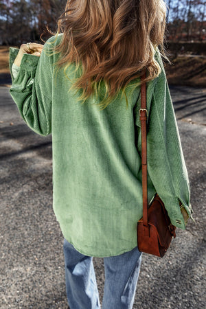Gum Leaf corduroy overshirt with button cuffs and a relaxed fit.