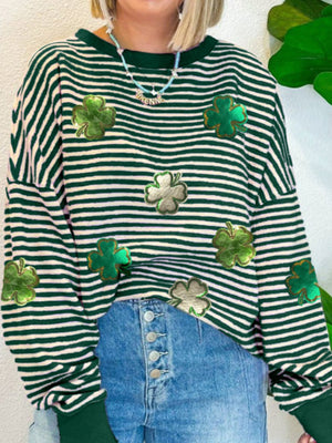 Dark green and cream striped boatneck pullover with clover appliqués.