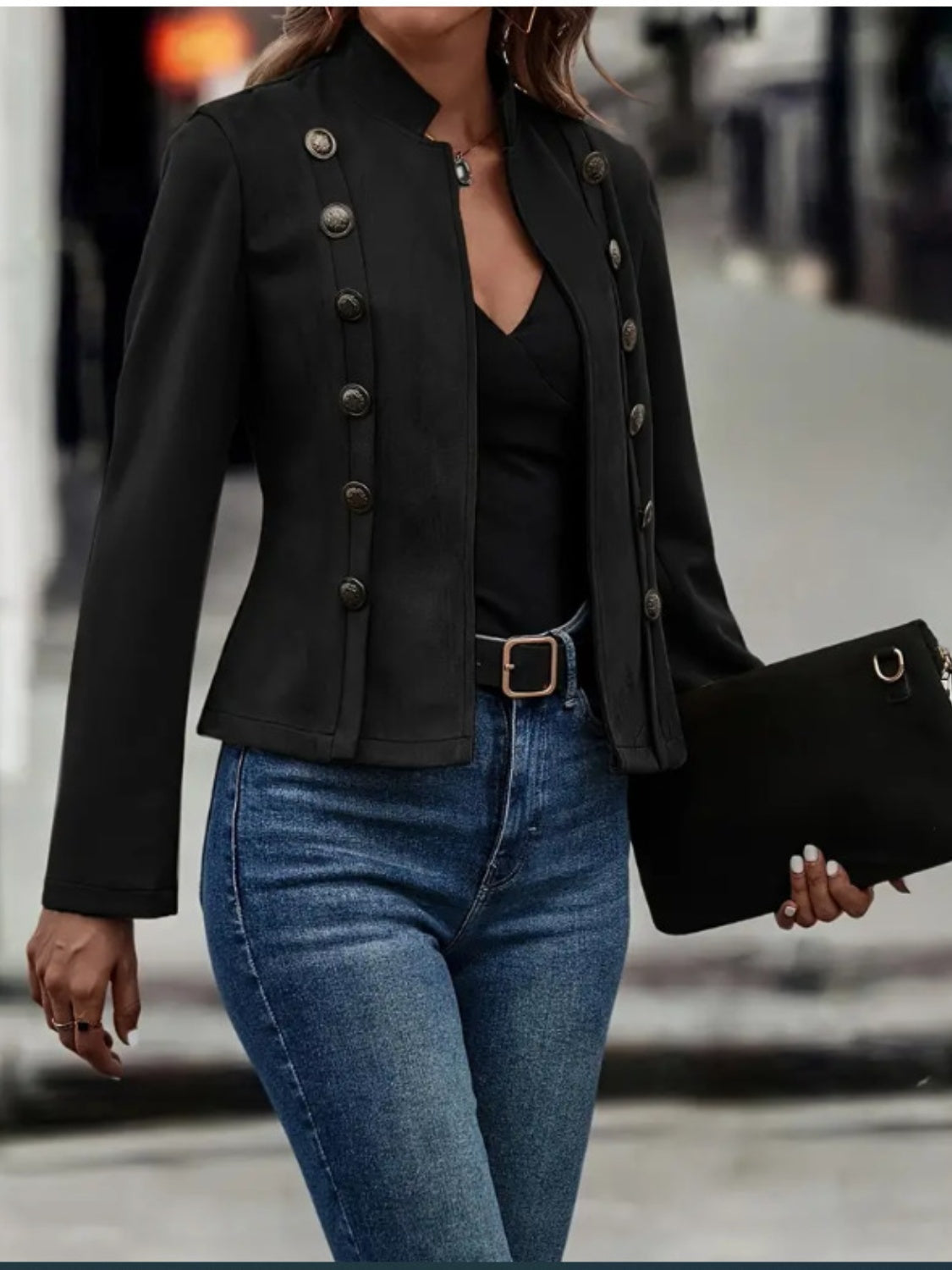 Black suede military-inspired jacket with double-breasted button detail