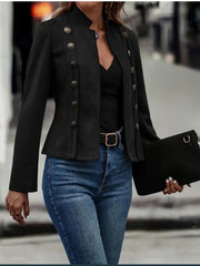 Black suede military-inspired jacket with double-breasted button detail