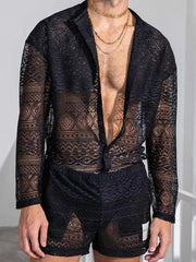 Black open-weave crochet resort set with geometric pattern, button-down shirt and shorts.