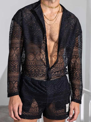Black open-weave crochet resort set with geometric pattern, button-down shirt and shorts.