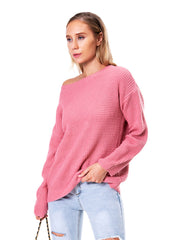 Off-shoulder waffle knit sweater in hot pink acrylic with a slouchy fit.