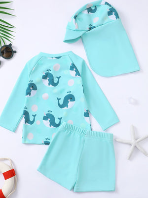 Children's cyan whale print swimwear set with long sleeve rash guard, shorts, and sun hat.
