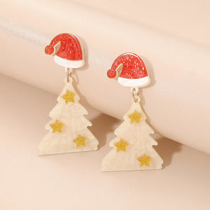 Festive holiday tree dangle earrings with Santa hats and gold stars.