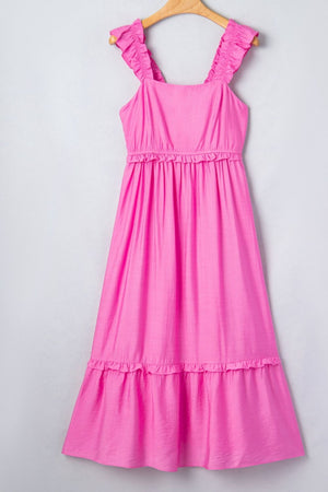 Pink ruffled sleeveless maxi dress with smocked waist and tiered hem