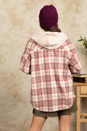 Shacket with sherpa hood and pink plaid pattern.