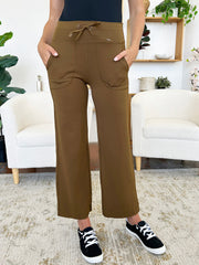 Brown utility pocket wide-leg lounge joggers with drawstring waist and pockets.