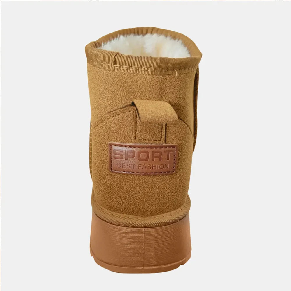 Camel shearling platform ankle boots with faux fur lining and a "SPORT BEST FASHION" logo patch.