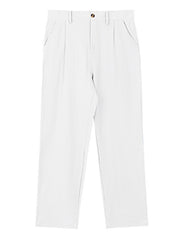 White relaxed fit sweatpants with front pleats and button closure.