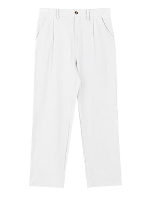 White relaxed fit sweatpants with front pleats and button closure.