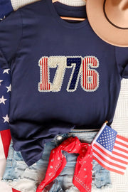 Navy cotton maternity t-shirt with patriotic 1776 appliqué and lace trim.