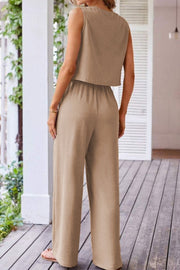 Camel button-front vest and drawstring palazzo pants set