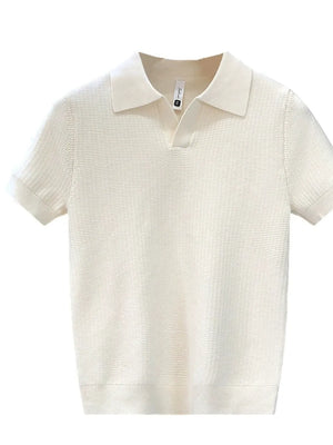 White textured knit polo shirt for men with short sleeves and a classic collar.