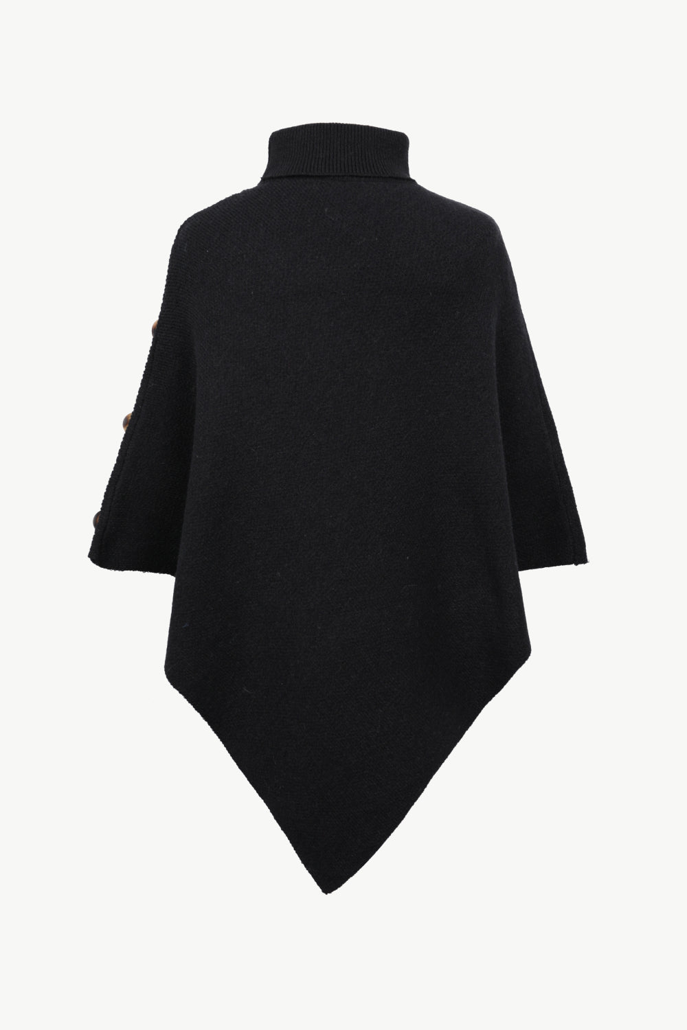 Black acrylic knit poncho with turtleneck and button details on the sleeve.